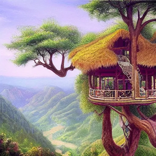 Image similar to fancy treehouse mansion on top of a mountain overlooking a view of the valley magical realism detailed painting