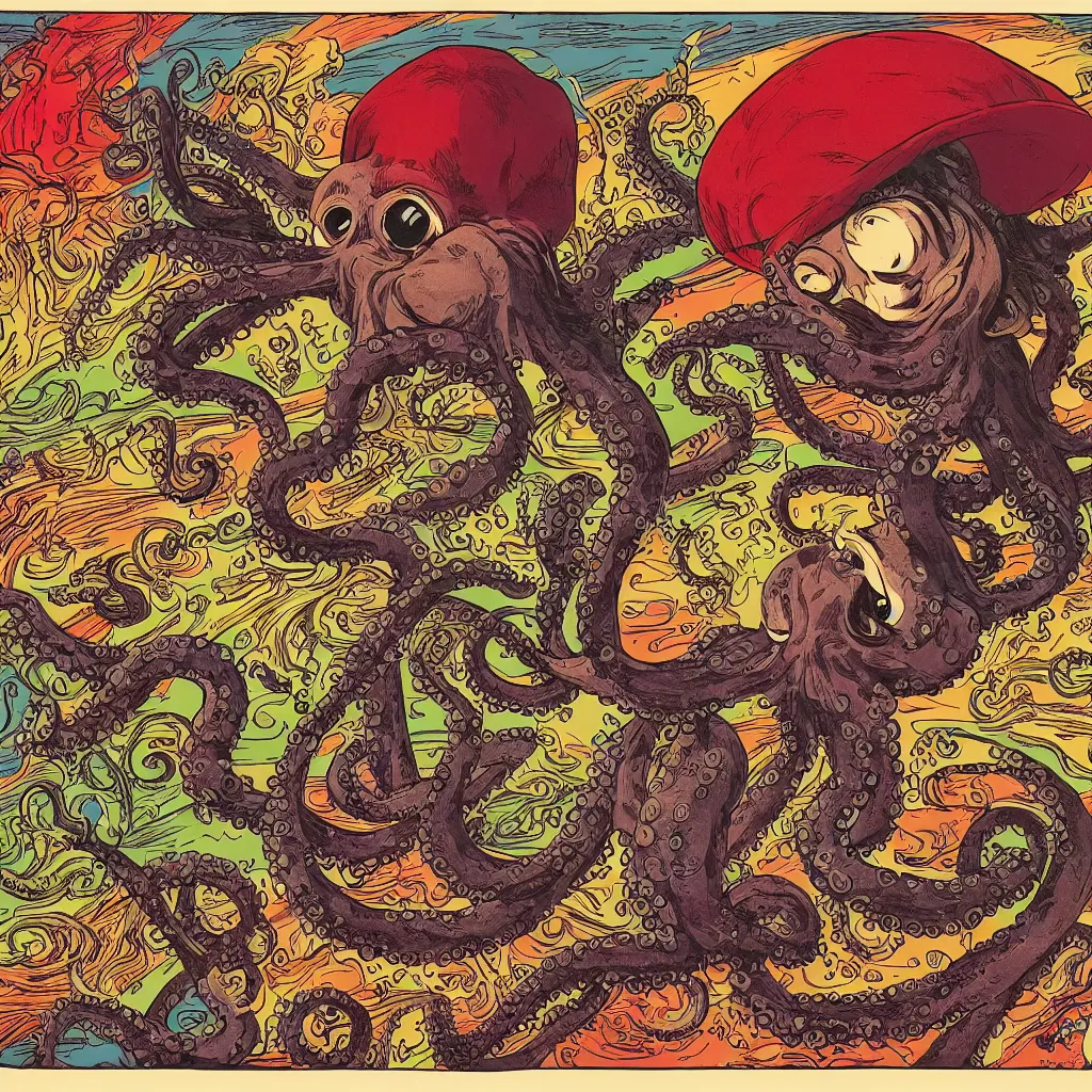 Image similar to an octopus as thomas chong, smoking a thick cigar, multicolored, robert crumb style, 8 k