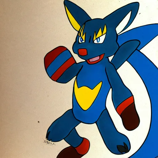 Image similar to Lucario from Pokemon drawn in Kazuma Kaneko's art style, high detail,