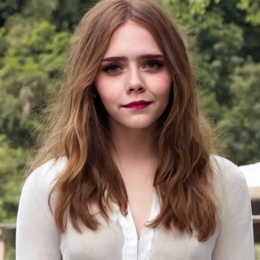 Image similar to a woman who is a genetic combination of elizabeth olsen and emma watson face and upper - body focus