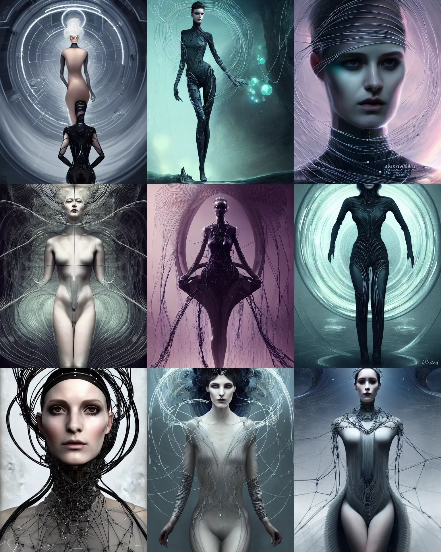 Prompt: charlie bowater and tom bagshaw symmetrical full body character portrait of the borg queen of sentient parasitic flowing ai, floating in a powerful zen state, avant garde supermodel, beautiful and ominous, wearing bodysuit made of wires and fractal ceramic, machinery enveloping nature in the background, artstation scifi character digital concept, unreal engine, hyper realism, sharp focus