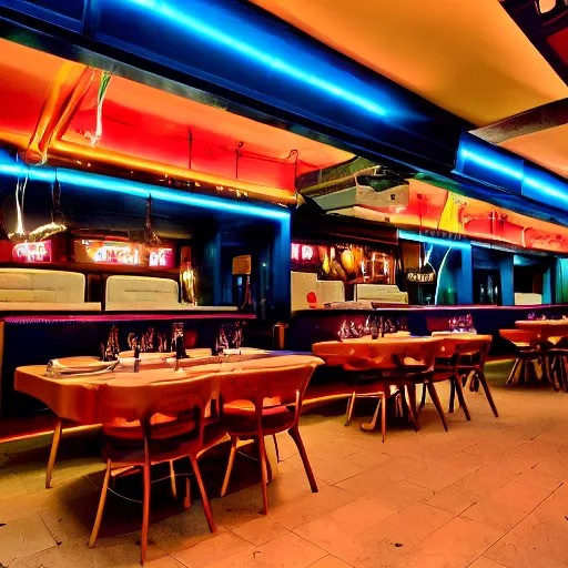 Image similar to retro restaurant, iridescent, mood lighting, 8 k, cinematic