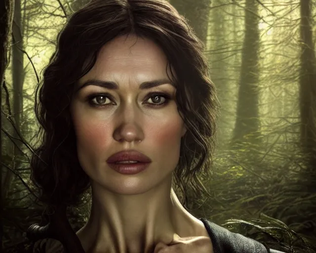 Image similar to 5 5 mm portrait photo of olga kurylenko as real life tough looking yennefer of vengerberg in black leader armor, in a forest. magical atmosphere. art by greg rutkowski. highly detailed 8 k. intricate. lifelike. soft light. nikon d 8 5 0.