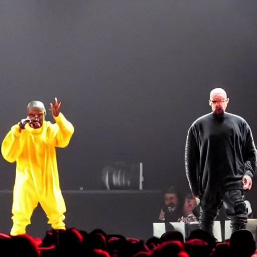 Prompt: Walter White performing alongside Kanye West at the Yeezus Tour