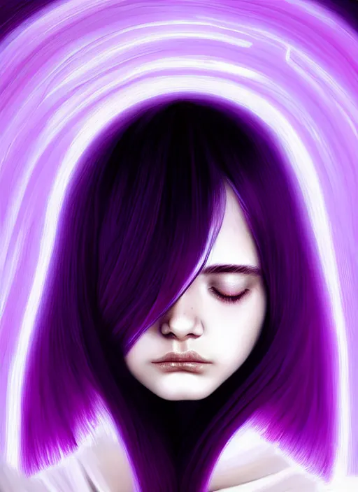 Image similar to hair whitebangs hair, black hair, whitebangs, portrait of teenage girl with white bangs, red irises, purple clothes, white bangs, bangs are different color from hair, intricate, elegant, glowing lights, highly detailed, digital painting, artstation, concept art, smooth, sharp focus, illustration, art by wlop, mars ravelo and greg rutkowski