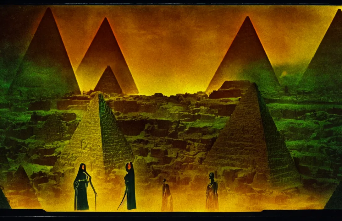 Prompt: result is a sophisticated interplay between warm, cool, light and dark colors. the pyramid of figures is drawn together intact flawless ambrotype from 4 k criterion collection remastered cinematography gory horror film, ominous lighting, evil theme wow photo realistic postprocessing divisionism emerging from lush greenery queen of heaven building by frank lloyd wright