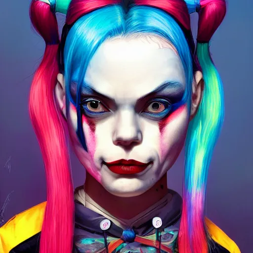 Prompt: Harley Quinn as a beautiful young ape kid with long pony tails on either side of her head, illustration, comic, by James Jean, artgerm, octane render, by John Coltrane and Marc Simonetti, kinemacolor, colorful, high detail of the face, full body-n 9