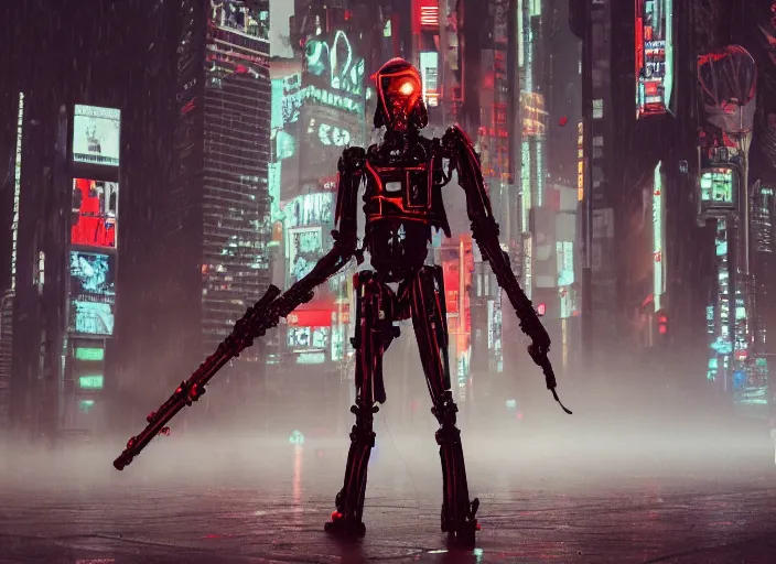 Image similar to 3 5 mm portrait photo of general grievous with heavy duty biomechanical cybernetic body with 4 arms holding 4 activated red lightsabers in the city in the rain. cyberpunk horror style.