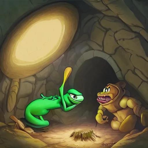 Prompt: a group of pepe digging in a tunnel by torchlight, artwork by Artgerm, Don Bluth