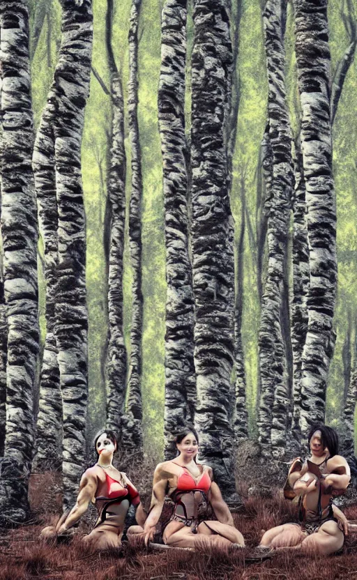 Image similar to photo of several female bodybuilders posing in a birch forest, beautiful detailed face, ultra realistic, concept art, intricate details, serious, highly detailed, photorealistic, octane render, 8 k, unreal engine, art by todd mcfarlane