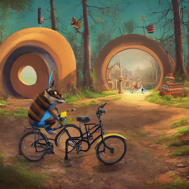 Image similar to A chipmunk riding a bike through a portal. Detailed digital matte painting in the style of simon stalenhag