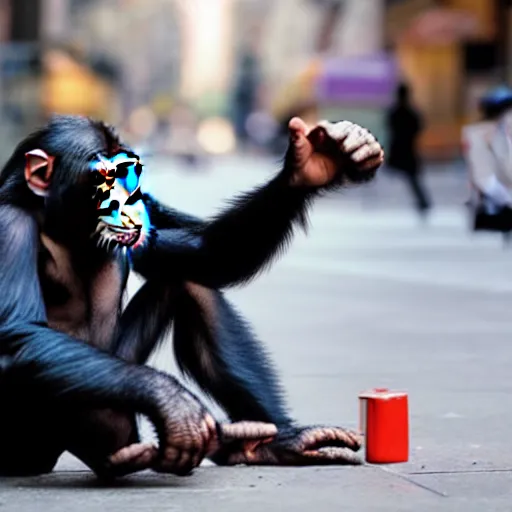 Image similar to a chimpanzee picking up pennies on a street in manhattan, depth of field, breathtaking, detailed and intricate environment, 8 k resolution, hyperrealistic