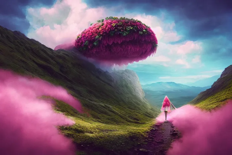 Prompt: giant dahlia flower crown head woman walking on mountain, surreal photography, pink storm clouds, dramatic light, impressionist painting, digital painting, artstation, simon stalenhag