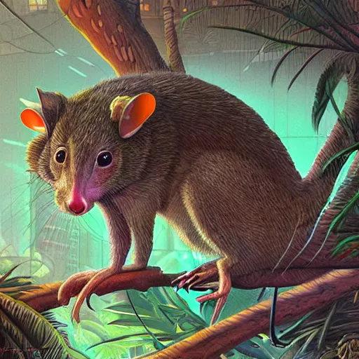 Prompt: highly detailed possum lost in the jungle at night, cyberpunk, isometric, highly detailed digital art