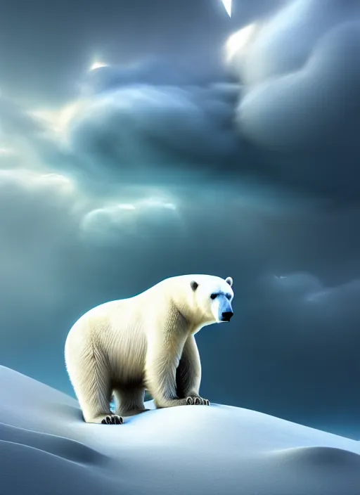 Prompt: a digital painting of a polar bear surrounded by clouds, an ambient occlusion render by mike winkelmann, cgsociety, fantasy art, fractalism, tesseract, rendered in cinema 4 d