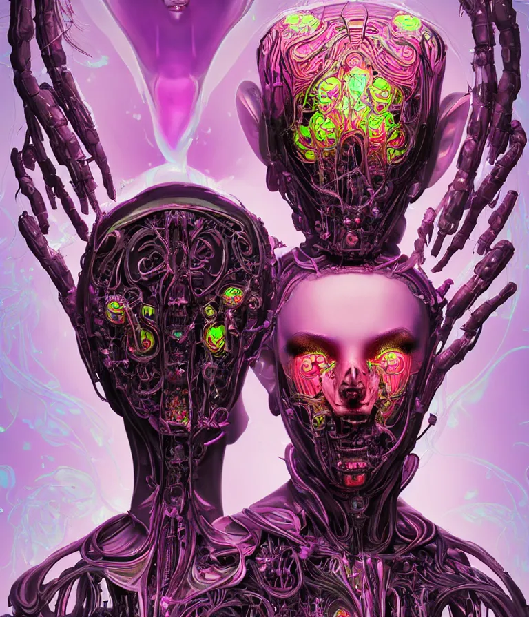 Image similar to fully symmetrical centered iridescent portrait of a beautiful princess demon in robe. skulls artificial muscles, ribcage, bones, hard surface modelling. cyberpunk look. biomechanical mask. bio luminescent biomechanical halo around head. neon jellyfish. artwork by jarold Sng by artgerm, by Eddie Mendoza, by Peter mohrbacher by tooth wu, by beeple, unreal engine, octane render, cinematic light, high details, iridescent colors, dichroic, macro, depth of field, blur