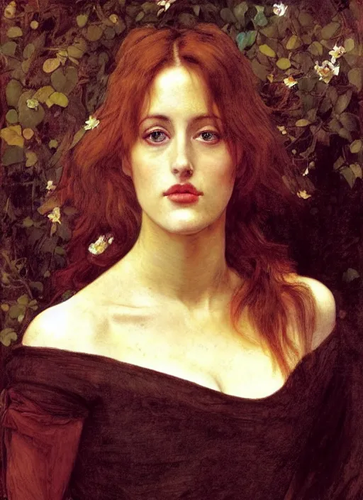 Prompt: a beautiful painting of young gillian anderson by John Everett Millais and Dante Gabriel Rossetti and John Collier and john william waterhouse, pre-raphaelite, detailed, trending on artstation