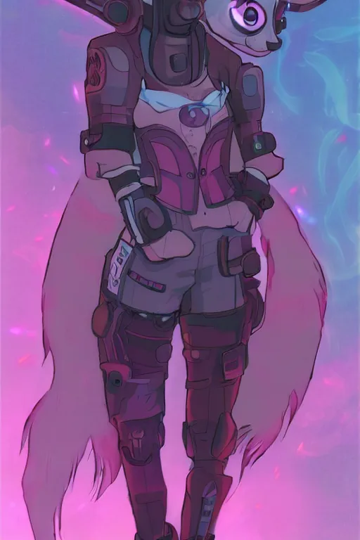 Image similar to a cyberpunk anthropomorphic fox with a fluffy tail, comic art, trending on furaffinity, cartoon, kawaii, backlighting, furry art!!!, chibi, neon