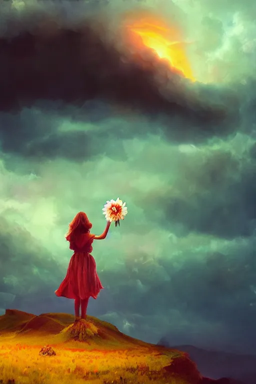 Image similar to closeup giant dahlia flower under head, girl standing on mountain, surreal photography, blue storm clouds, dramatic light, impressionist painting, digital painting, artstation, simon stalenhag