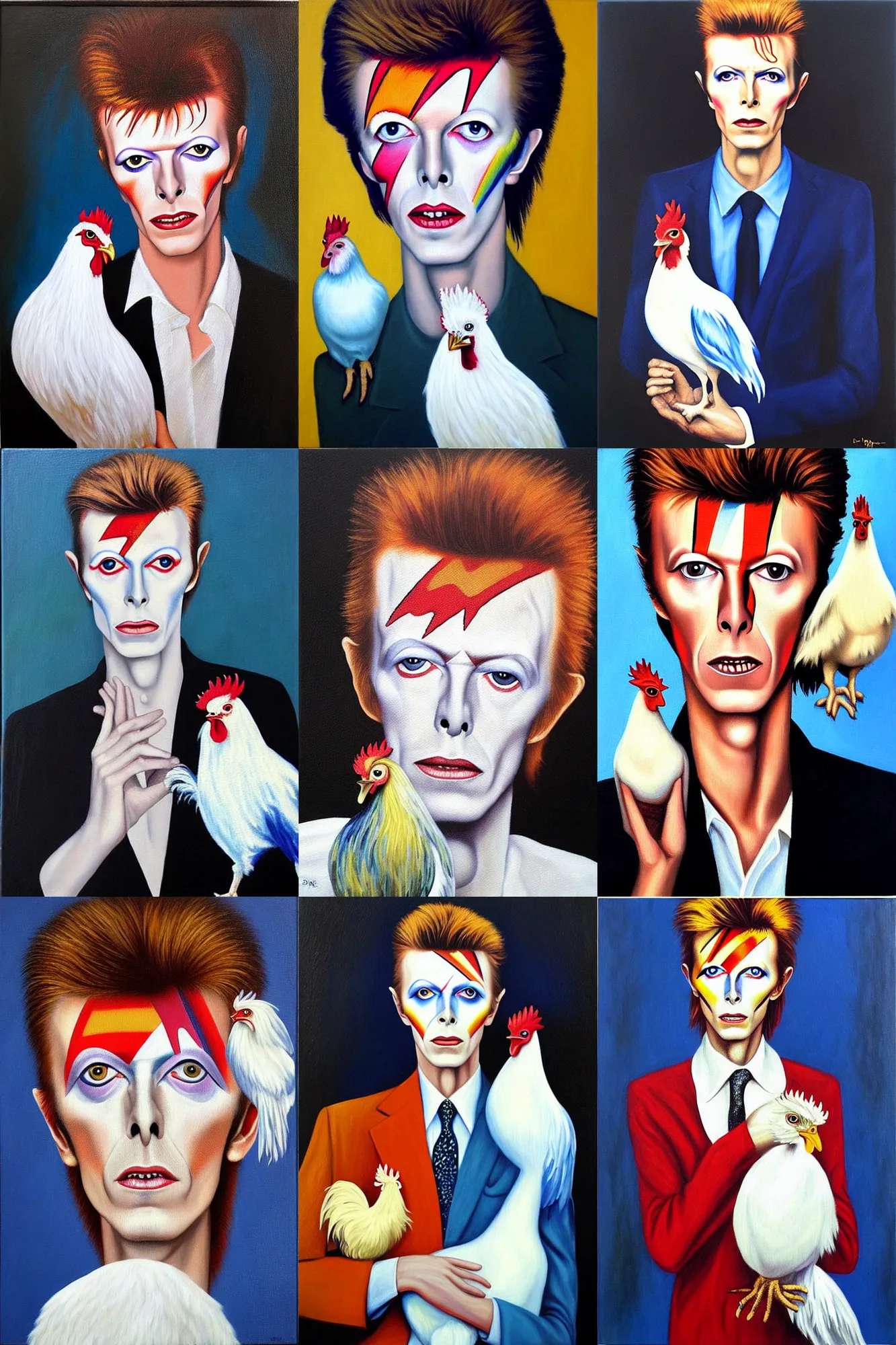 Prompt: “oil painting of David Bowie holding a white Rooster. Large eyes. By Margaret Keane.”