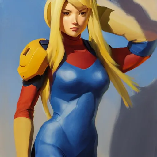 Prompt: greg manchess portrait painting of zero suit samus as overwatch character, medium shot, asymmetrical, profile picture, organic painting, sunny day, matte painting, bold shapes, hard edges, street art, trending on artstation, by huang guangjian and gil elvgren and sachin teng