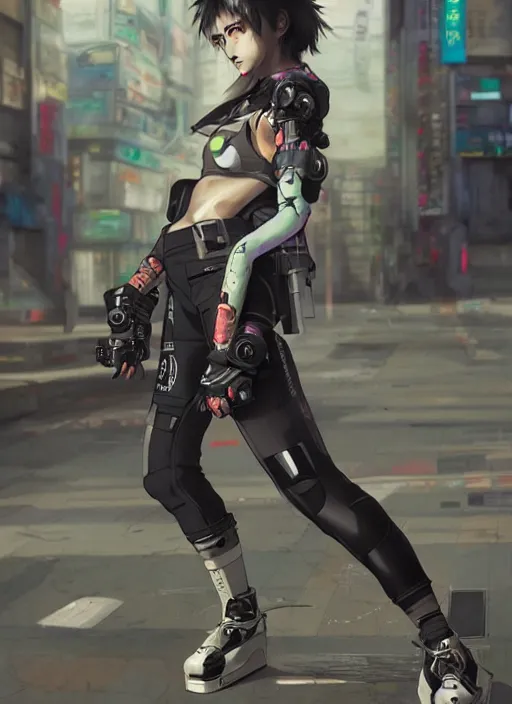 Image similar to hyper - realistic cyberpunk anime woman wearing inline skate, tokyo street, extreme detail, good face, model, concept art, in style of yoji shinkawa, pan ren wei, col price, atey ghailan, by greg rutkowski, aesthetic