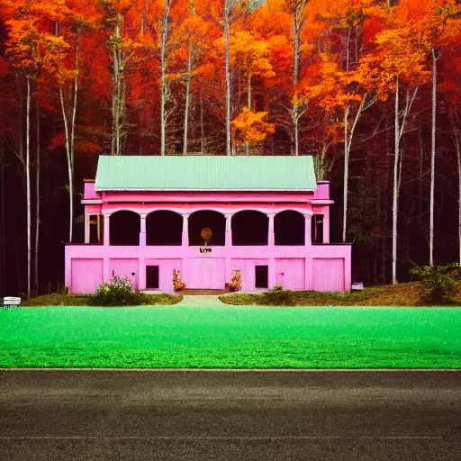 Prompt: Symmetric Wes Anderson film still in the Great Smoky Mountains without people. Establishing shot. Architecture. 8k resolution. Pastel. Sharp. Whimsical. Symmetry. Stunning.