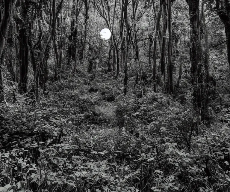 Prompt: a lush dense green forest, colorful glowing vines, black and white wildlife, moon shining, soft tones, night time highly detailed, 50mm