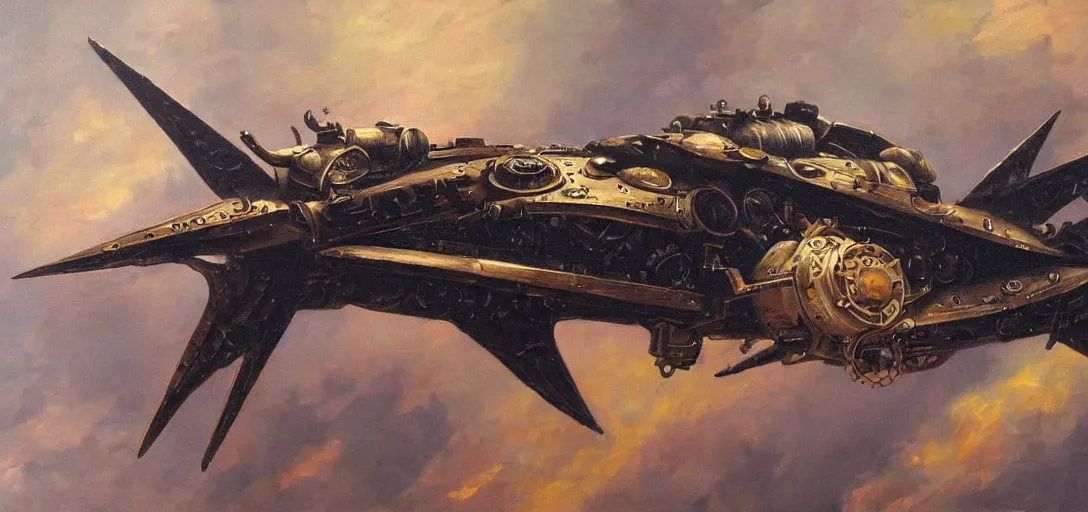 Image similar to oil painting of a steampunk spaceship