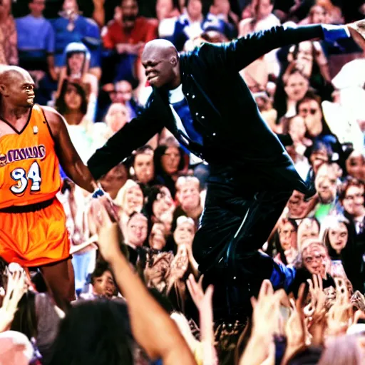 Image similar to the legendary hero aaron carter defeating shaq