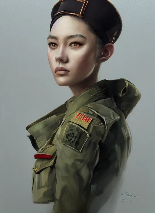 Image similar to female soldier portrait painting by WLOP, game, expensive dress, highly detailed, harper's bazaar, vogue, magazine, fashion, concept art, ornate, luxury, elite, elegant, trending on artstation ,