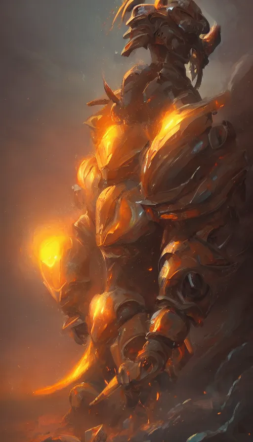 Image similar to A creature made of earth and molten metal with heavy knight armor in the style of anime by Peter Mohrbacher, anime trending on artstation, HD, 4k,