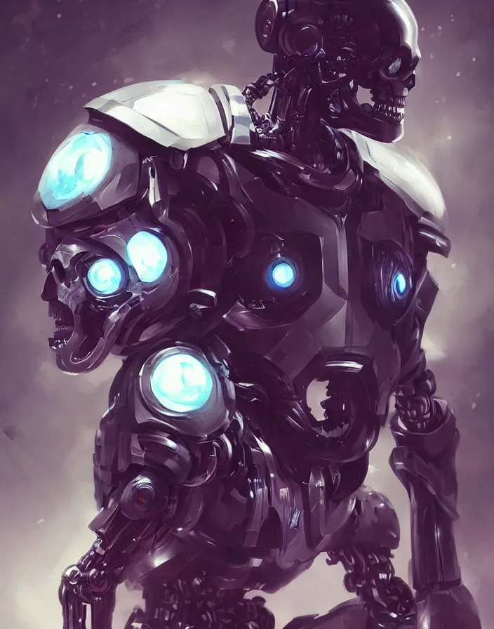 Image similar to skull - headed robot cyborg painting, illutstration, concept art, cyberpunk, futurism, comics art, artgerm, full body shot, wide angle