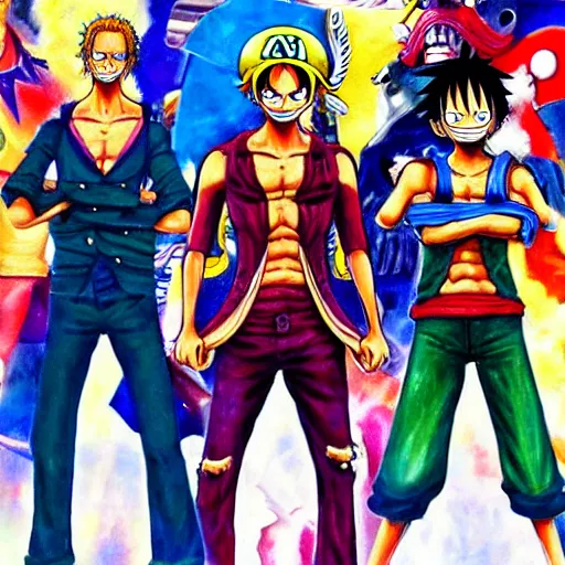 Prompt: the cast of one piece in cybernetic suits, oil painting,