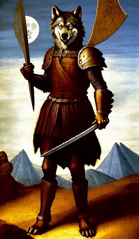 Prompt: a bipedal wolf that is wearing full iron plate armor, and holding a giant sword, as a matte oil painting and d & d character art, by leonardo da vinci, standing, fullbody, full moon, cumulus clouds, cosmic, sharp focus, award - winning, extremely detailed, 4 k,