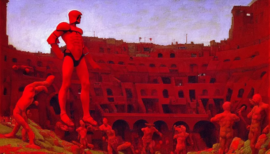 Image similar to only with red, a red gladiator in a crowded roman amphitheatre, crowd cheers him, in the style of beksinski, parts by edward hopper, parts by rodcenko, parts by yue minjun, intricate and epic composition, red by caravaggio, insane quality, highly detailed, masterpiece, red light, artstation