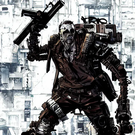 Image similar to a post-apocalyptic cyberpunk grimdark martial artist in the style of leonard boyarsky in the style of Yoji Shinkawa detailed realistic HD 8k High Resolution