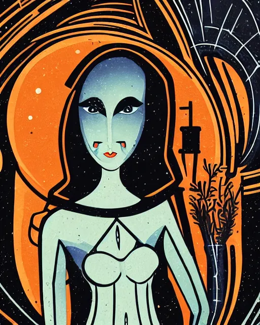 Image similar to retro dark vintage sci - fi. 2 d matte dark gouache illustration in a mystical style. a woman in a river holding two vases. symmetrical face.