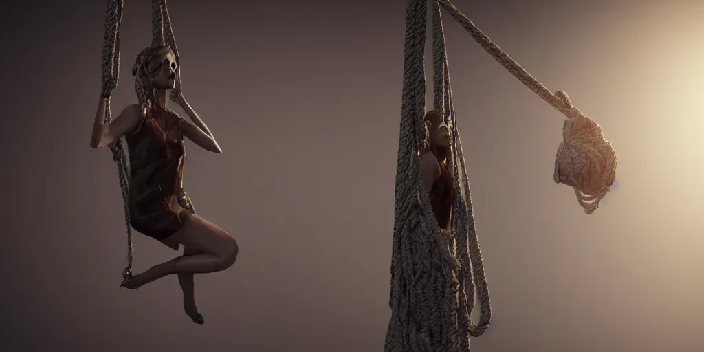 Image similar to a highly detailed photographic render of a woman hanging from a noose, horror, beautifully lit, ray traced, octane 3D render, octane render, unreal engine