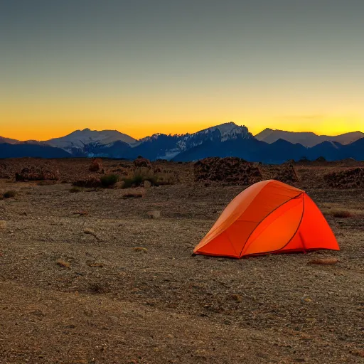 Image similar to an orange tent in the foreground of the sierra mountains at dawn, photo, 4 k