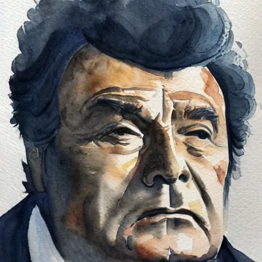 Prompt: watercolor portrait of columbo, highly detailed, centered, duotone