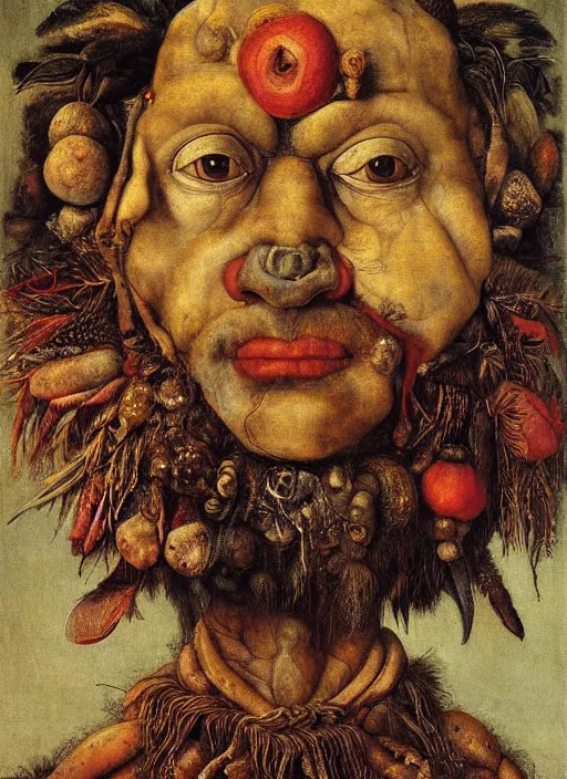 Prompt: a surreal painting of a shaman's profile face, by Giuseppe Arcimboldo, symbolist, soft colors, dramatic lighting, smooth, sharp focus, extremely detailed, aesthetically pleasing composition