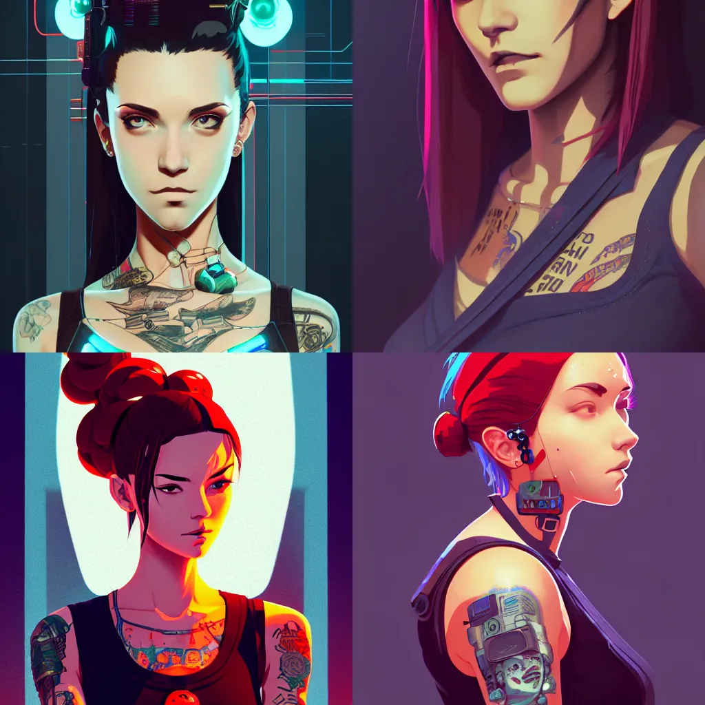 Prompt: portrait of a cyberpunk tattooed barmaid, artstation, elegant, highly detailed, digital painting, concept art, smooth, sharp focus, illustration, art by studio ghibli, fujita goro, atey ghailan, tom whalen, jean giraud 8 k