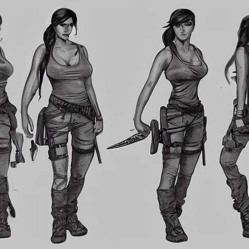 Prompt: lara croft, concept art, sketch, multiple angles, character sheet, character study
