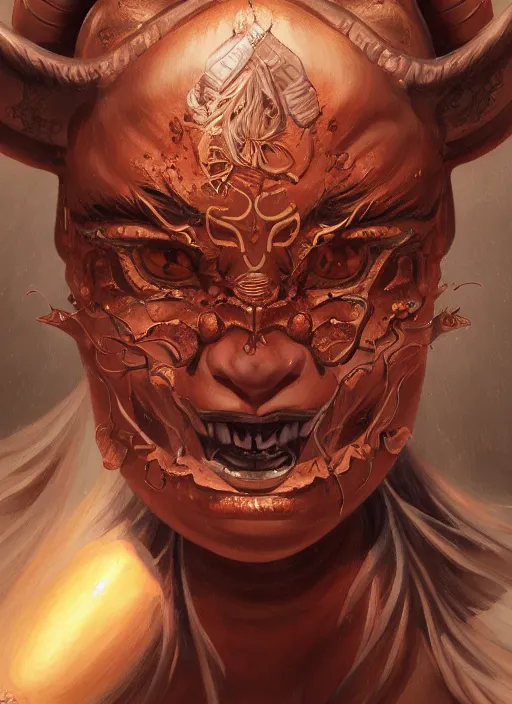 Image similar to a beautiful detailed oil on copper art illustration of a oni hannya mask shogun woman, centered, by charlie bowater, zeng fanzh, trending on artstation, dim dusk lighting, cinematic lighting, detailed lighting, volumetric lighting, realistic, f 8, 4 k hd wallpaper