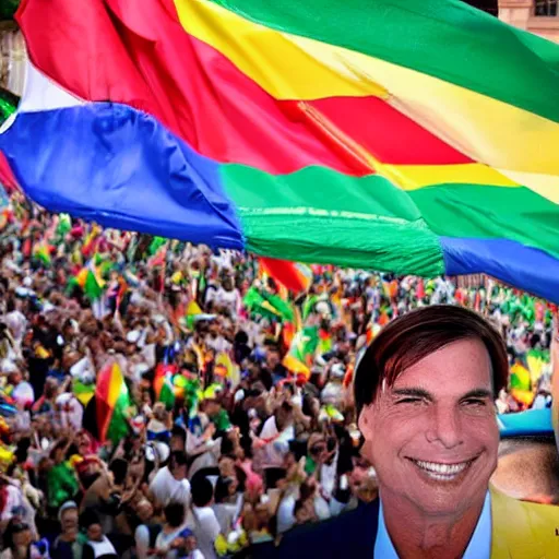 Image similar to photograph of president jair bolsonaro waving a rainbow flag at a pride parade