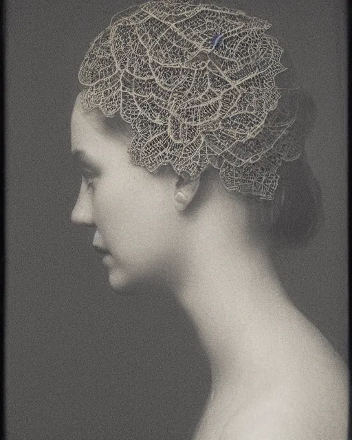 Prompt: a woman's face in profile, made of intricate delicate lace leaf, in the style of the dutch masters and gregory crewdson, dark and moody