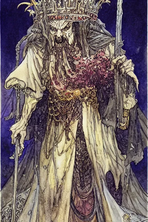 Image similar to a realistic and atmospheric watercolour fantasy character concept art full body portrait of an evil king with a black crown looking at the camera with an intense gaze by rebecca guay, michael kaluta, charles vess and jean moebius giraud