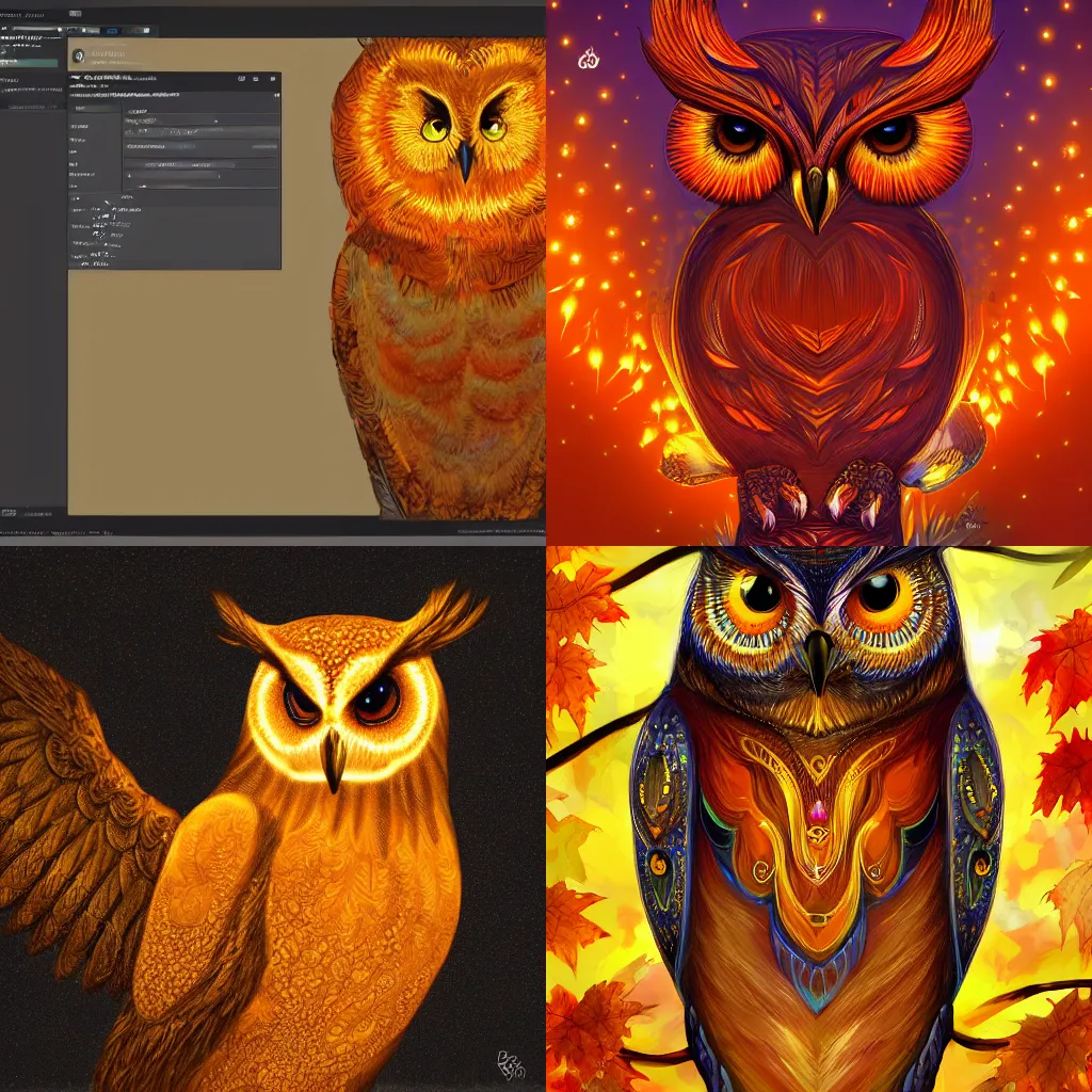 Prompt: radiant owl, glowing amber, autumn colosrs, highly detailed, digital art, sharp focus, trending on art station