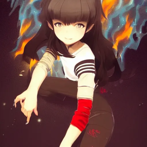 Prompt: Full body, splash art by WLOP, Ilya kuvshinov, Krenz Cushart, and Greg Rutkowski, trending on artstation. Realistic fantasy Native Indian young girl with dark skin and silky black hair, wearing a red-sleeved white t-shirt with jeans, she has fire powers, her hair is made out of astonishing fire flames, wide panorama of a Cinematic dramatic atmosphere of a mystic dense forest, full of foliage, sharp focus, soft volumetric studio lighting